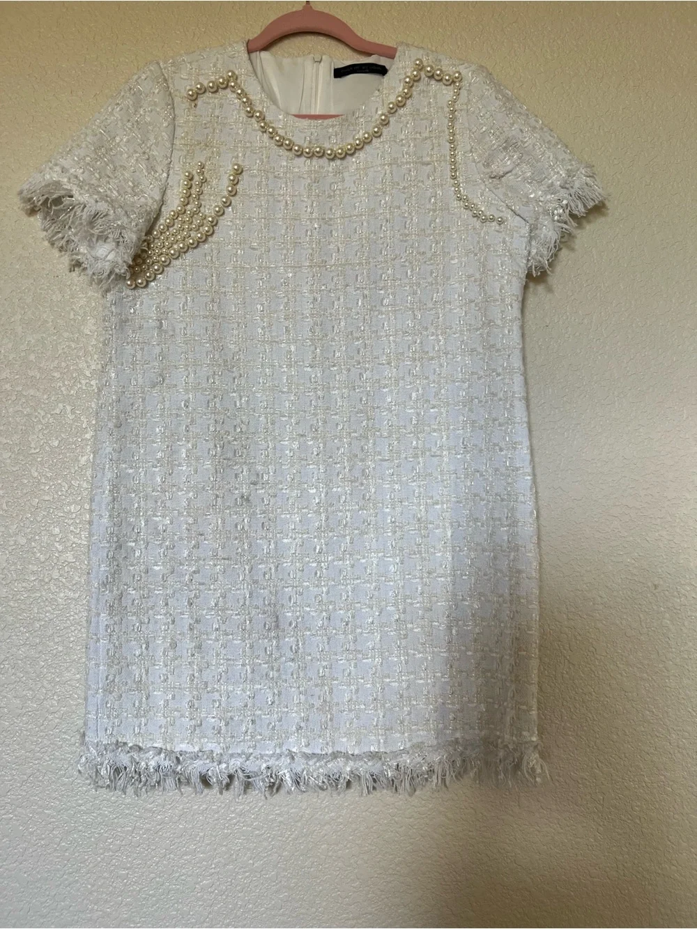 White Tweed Pearl-Trim Dress